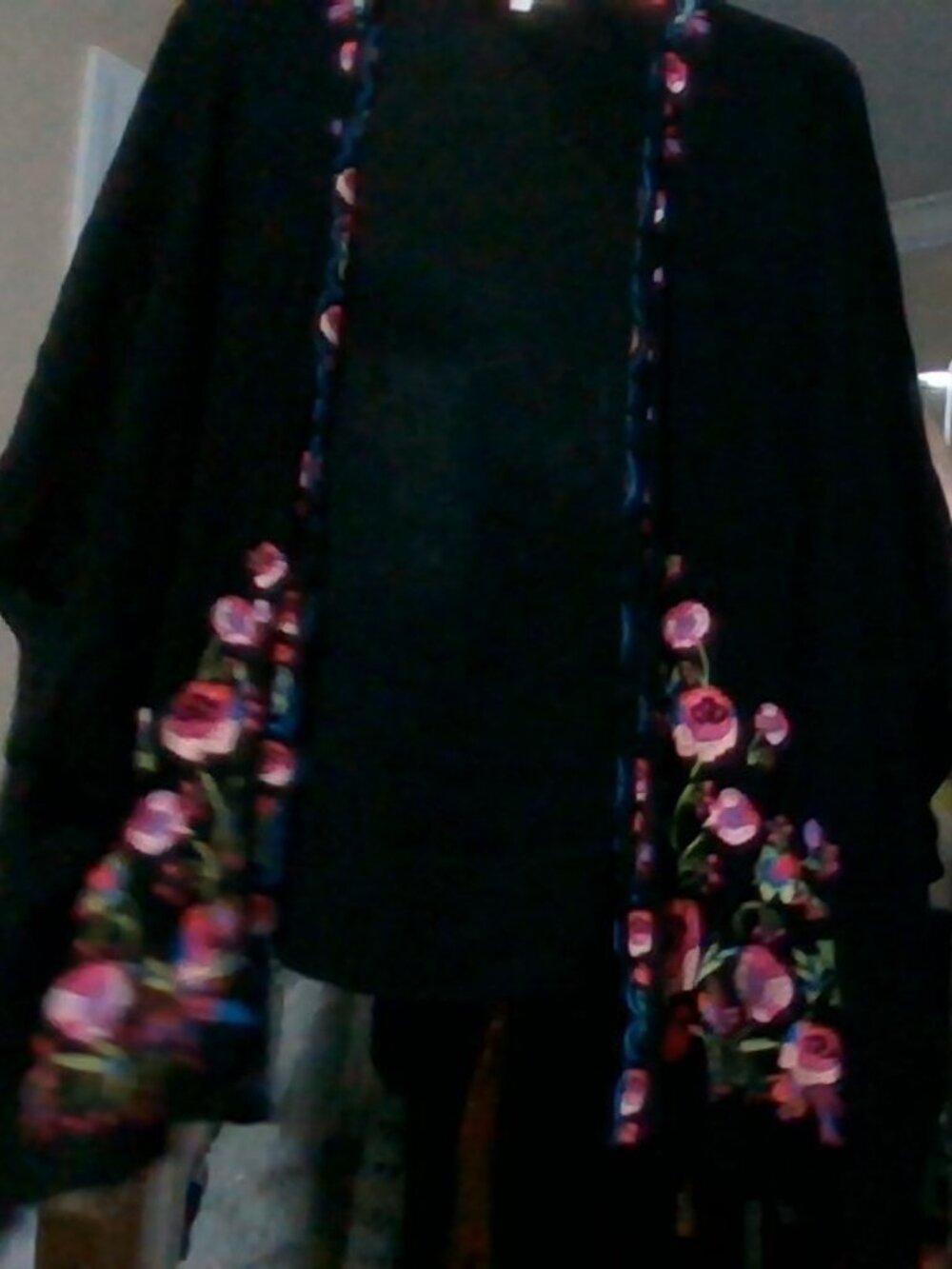 Black Floral Embroidered Open Cardigan
